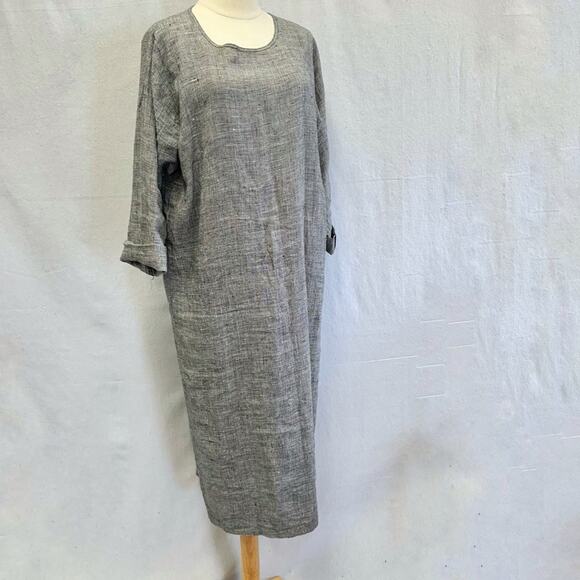 Vintage 80s linen lagenlook midi shift oversized dress houndstooth size small - Picture 2 of 16